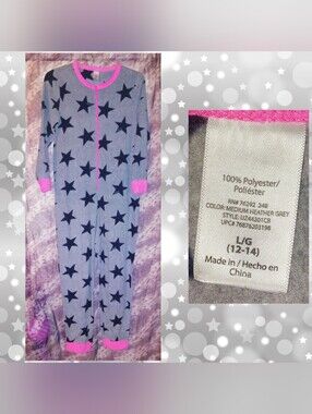 Walmart Lt Gray/Blk/Hot Pink Stars Print Soft Knit Fleece Adult Onsie Lrg(12/14)